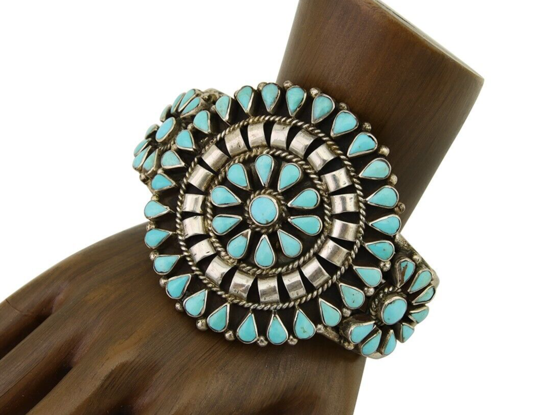 Navajo Bracelet 925 Silver Natural Blue Turquoise Signed Delbert Chatter C.80's