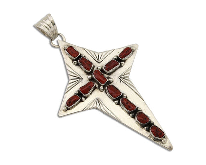 Large Navajo Cross Pendant 925 Silver Mediterranean Coral Artist Signed RD C.80s