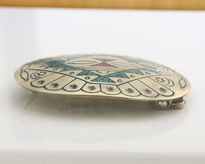Navajo Belt Buckle .999 Nickel Buffalo Gemstone Signed Chee Keams 2.25x3.0 C.80s