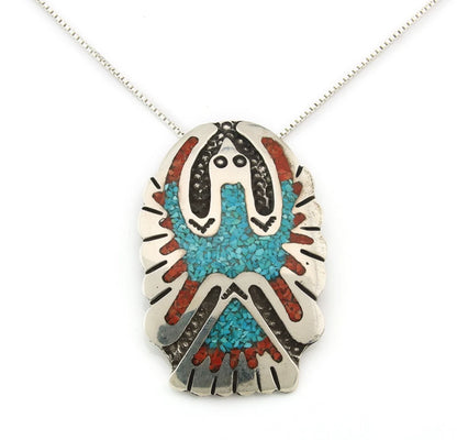 Navajo Phoenix Necklace Sterling Silver Turquoise & Coral Signed RP