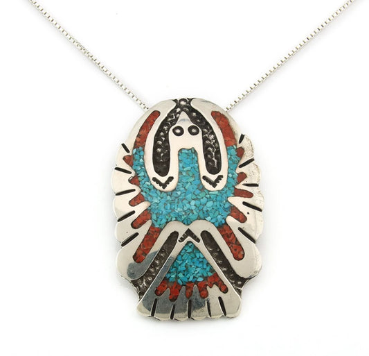 Navajo Phoenix Necklace Sterling Silver Turquoise & Coral Signed RP
