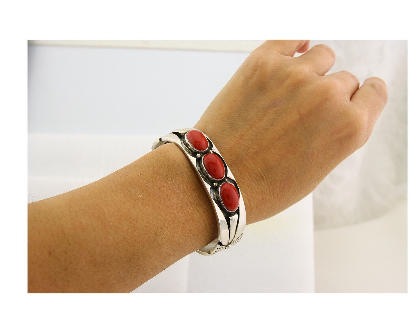 Navajo Bracelet .925 Silver Red Coral Cuff Signed Charles Johnson C.80's