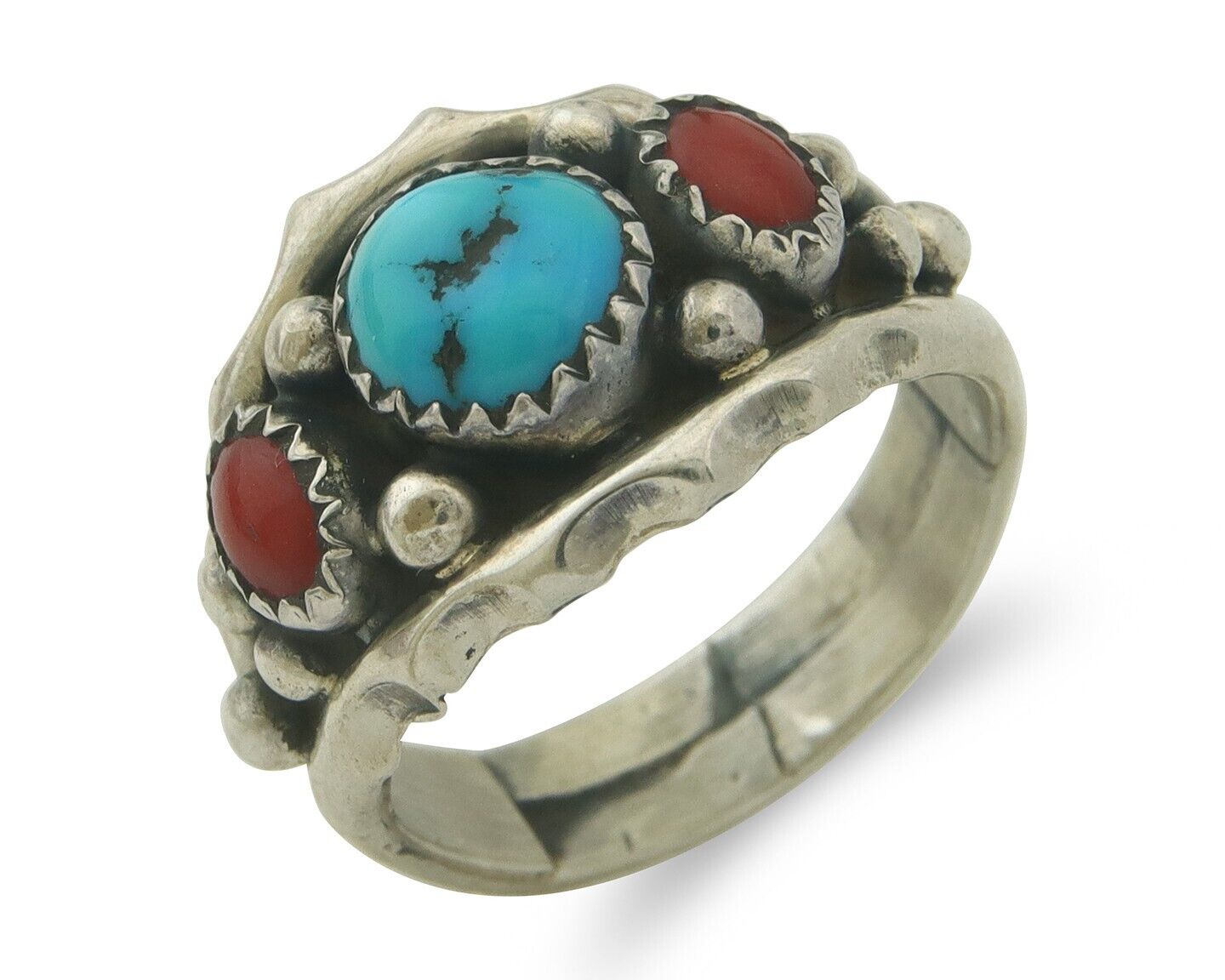 Navajo Ring 925 Sterling Natural Coral & Turquoise Signed SC C.80's Size 8.25