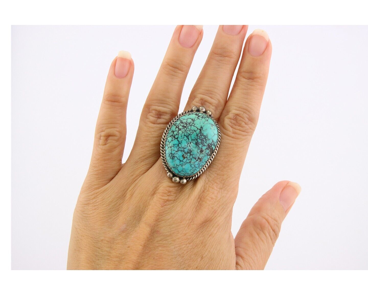 Navajo Ring 925 Sterling Spiderweb Blue Turquoise Native Artist C.80's Size 7.5