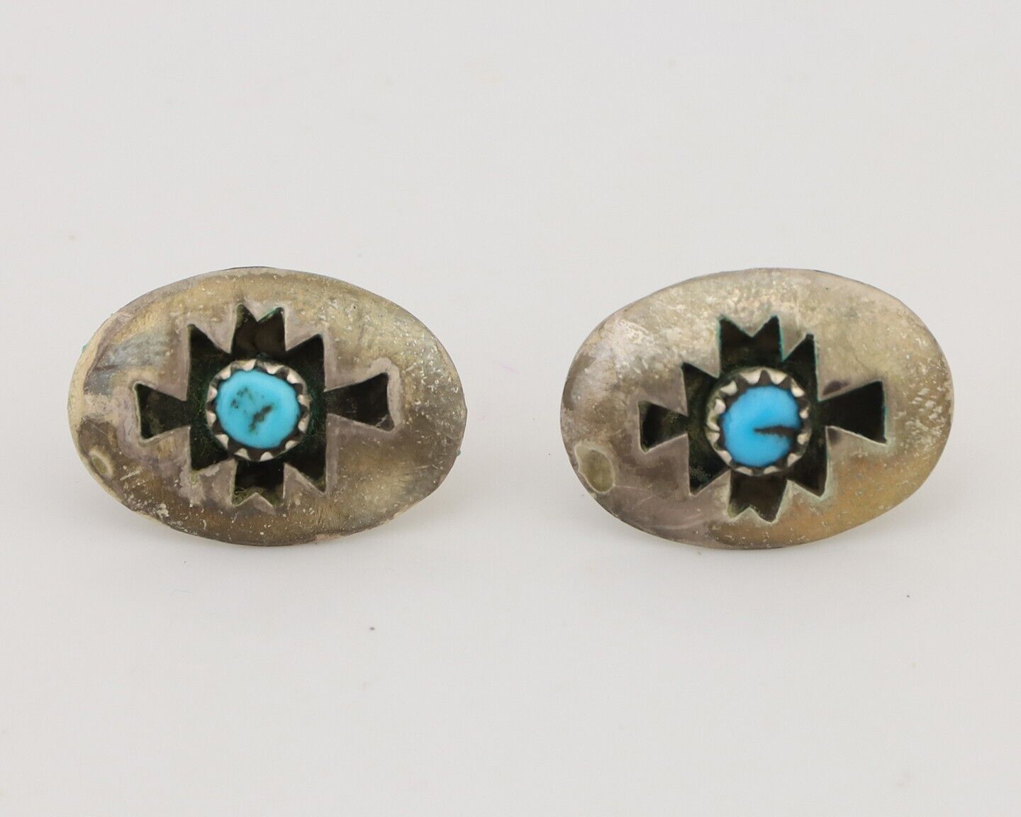 Navajo Hand Cut Earrings 925 Silver Blue Natural Turquoise Native Artist C.80's