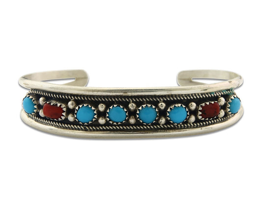 Vintage Navajo Bracelet 925 Silver Red Coral Turquoise Signed Herman Lee