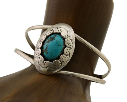 Navajo Hand Stamped Cuff Bracelet Turquoise 925 Silver Native American Artist