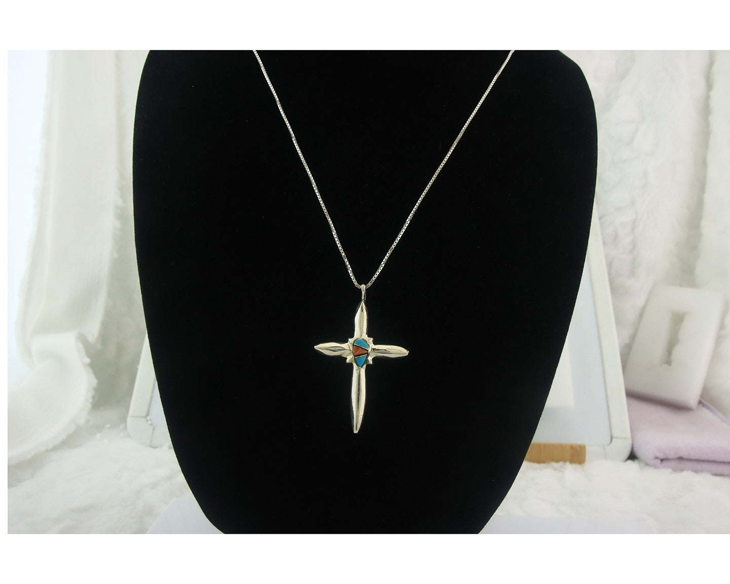 Navajo Cross Necklace Sterling Silver Authentic Natural Gemstones Signed M