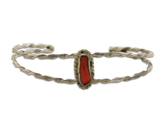 Navajo Bracelet .925 Silver Mediterranean Red Coral Cuff Native Artist C.80's