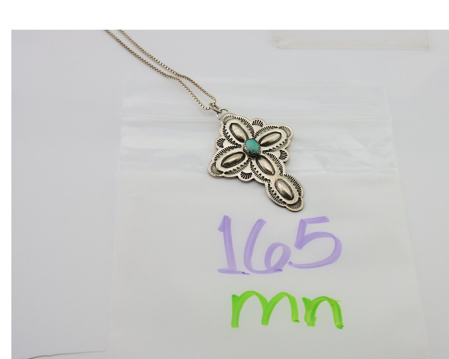 Navajo Cross Hand Stamped Necklace 925 Silver Turquoise Artist JRS C.80's