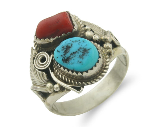 Men Navajo Ring 925 Sterling Natural Coral & Turquoise Signed JM C.80's Sz 12.75