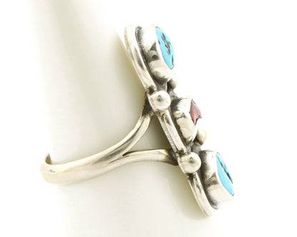 Navajo Ring 925 Silver Sleeping B Turquoise & Coral Native American Artist C.80s