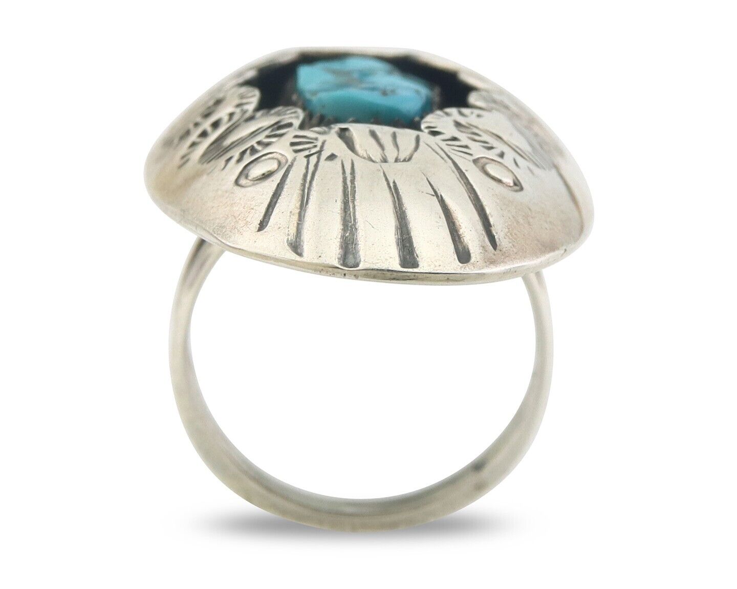 Navajo Ring 925 Sterling Turquoise Hand Stamped Signed J Martinez C.80's Sz 6.75