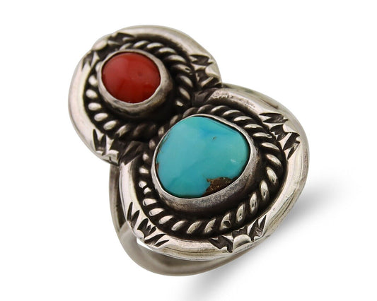 Navajo Ring 925 Silver Turquoise & Coral Native American Artist C.80's