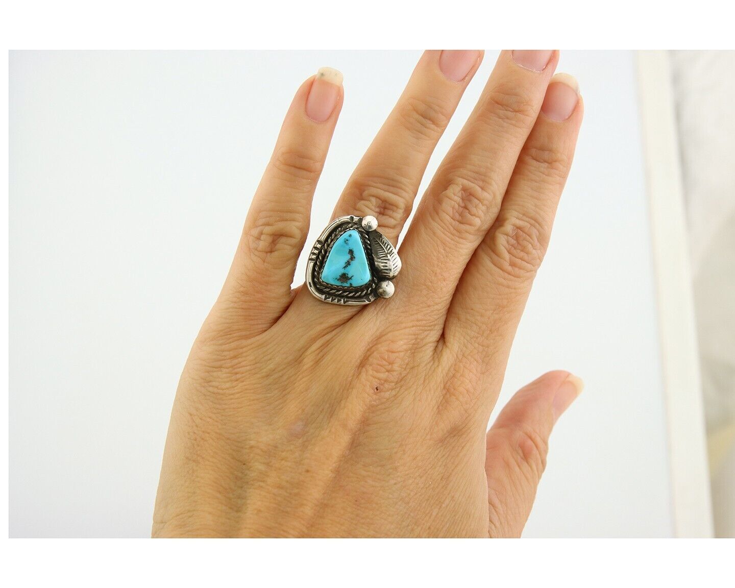 Navajo Ring 925 Sterling Natural Blue Turquoise Native Artist C.80's Size 5.25