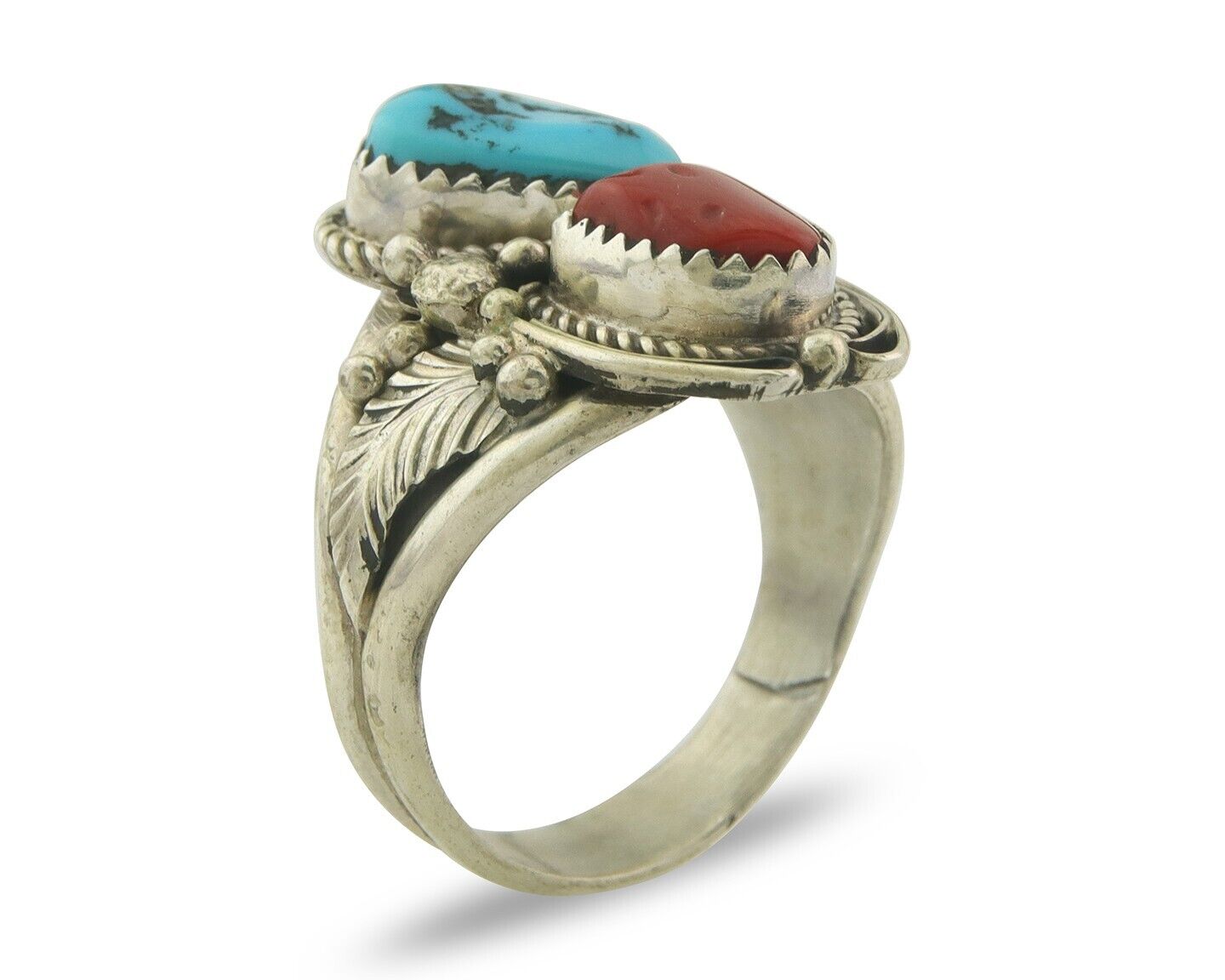 Men Navajo Ring 925 Sterling Natural Coral & Turquoise Signed JM C.80's Sz 11.75