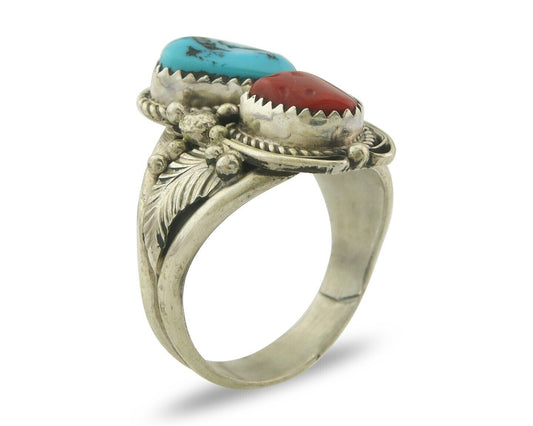 Men Navajo Ring 925 Sterling Natural Coral & Turquoise Signed JM C.80's Sz 11.75