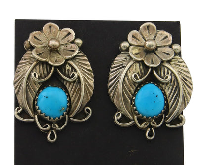 Navajo Earrings 925 Silver Natural Turquoise Artist Signed A C.80's