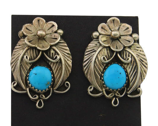 Navajo Earrings 925 Silver Natural Turquoise Artist Signed A C.80's