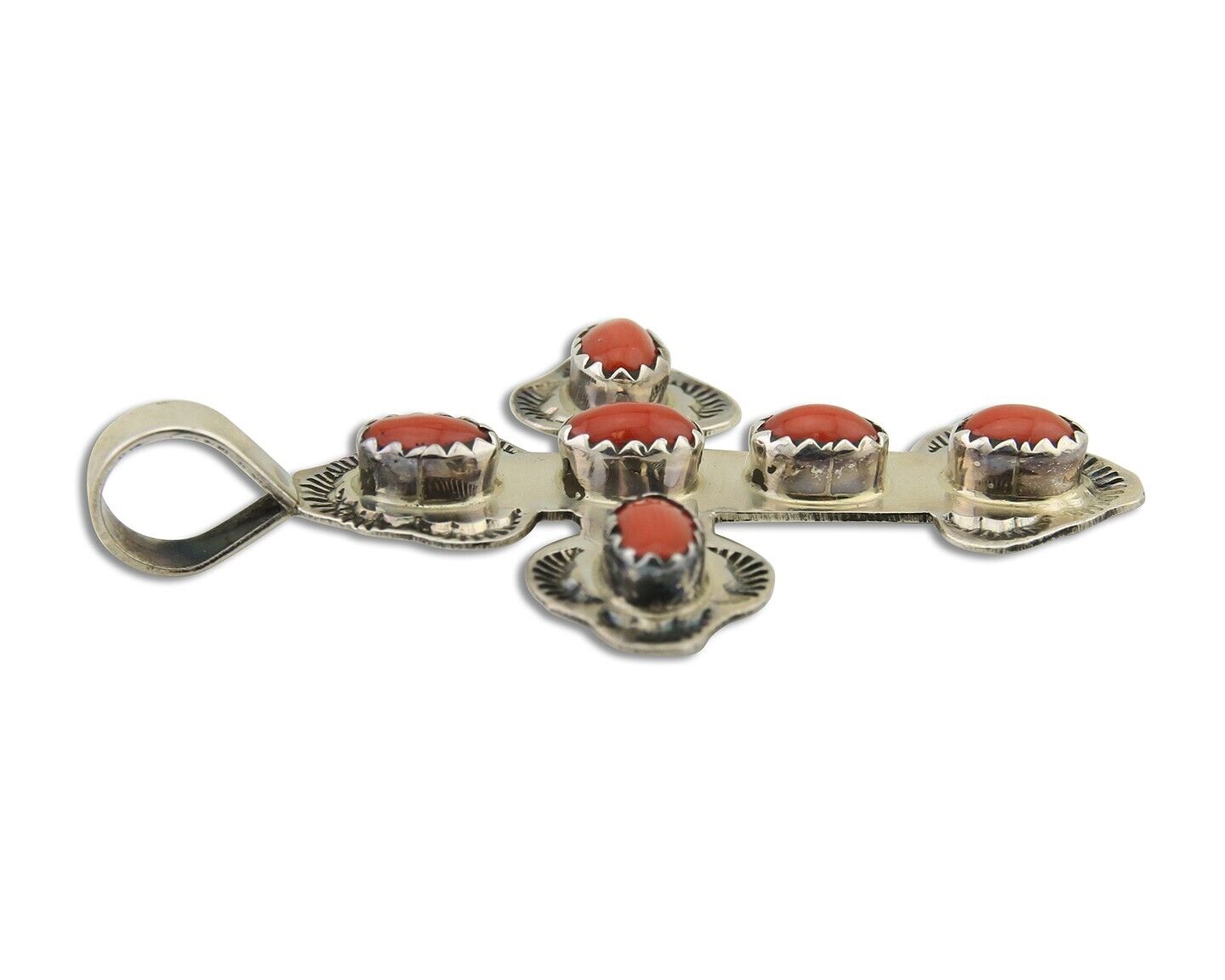 Navajo Cross Pendant 925 Silver Mediterranean Coral Artist Signed CB C.80's