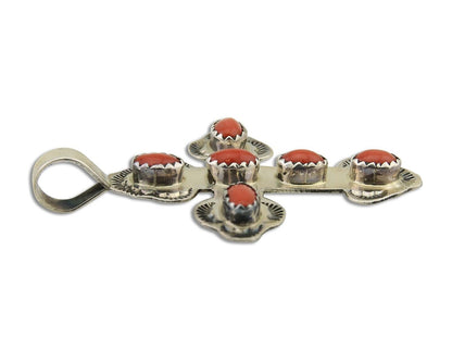Navajo Cross Pendant 925 Silver Mediterranean Coral Artist Signed CB C.80's