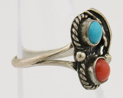 Navajo Handmade Ring 925 Silver Coral & Turquoise Native Artist C.80's