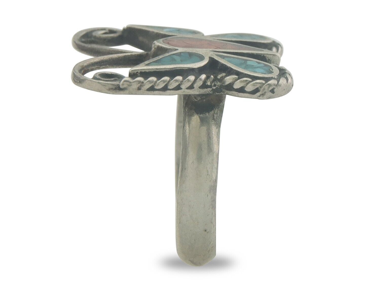 Navajo Ring 925 Silver Inlaid Butterfly Turquoise & Coral C.80's Size 4.5