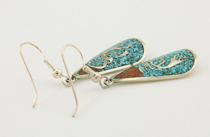 Navajo Kokopelli Earrings 999 Nickel Chip Inlay Turquoise Coral Native American