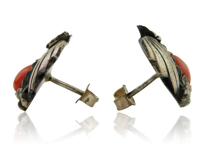 Navajo Earrings 925 Silver Natural Red Coral Native American Artist C.80's