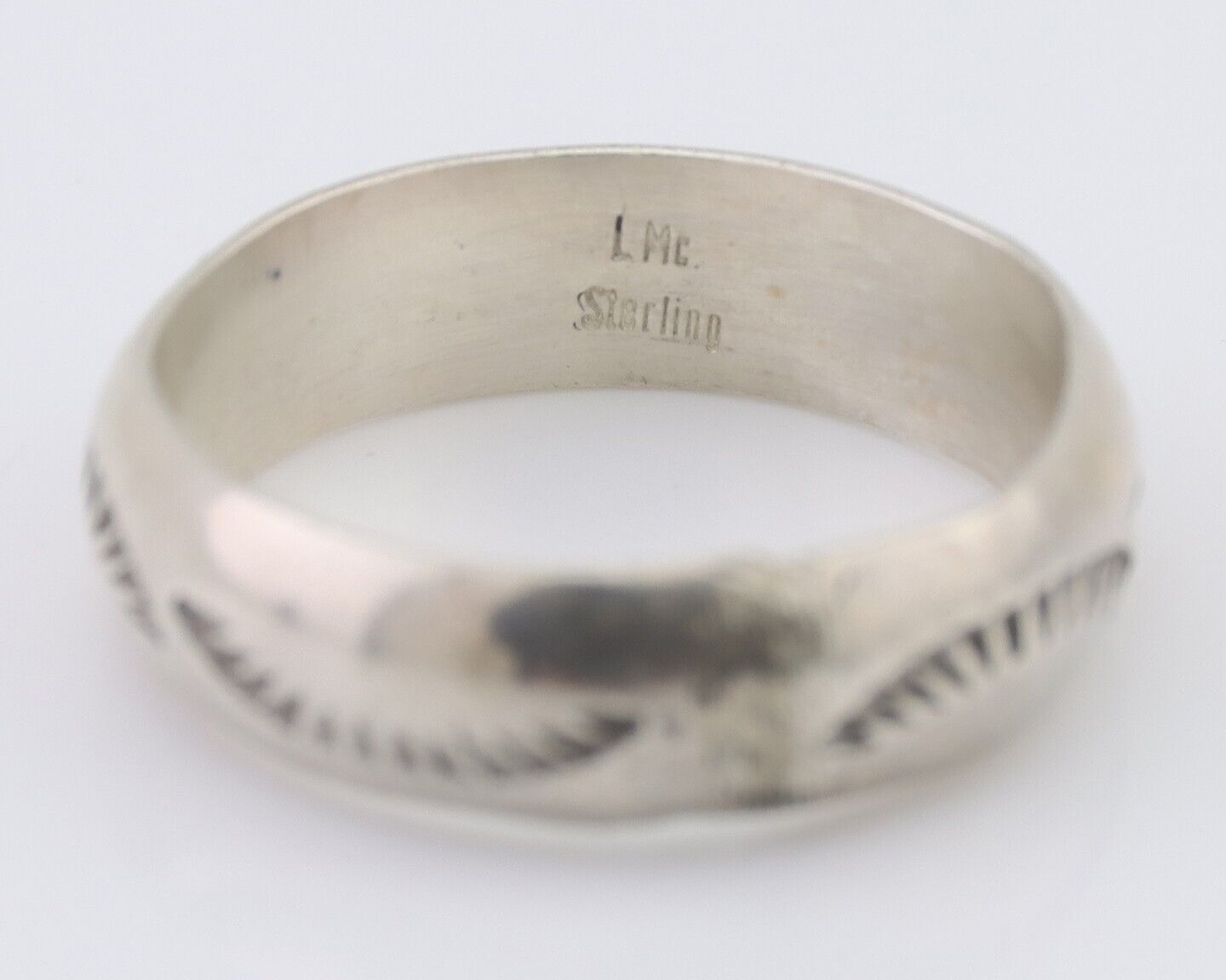 Navajo Hand Stamped Band 925 Silver 6.0 mm Signed Larry Chavez Size 8.75 C.80's