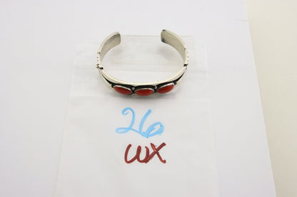 Navajo Bracelet .925 Silver Red Coral Cuff Signed Charles Johnson C.80's