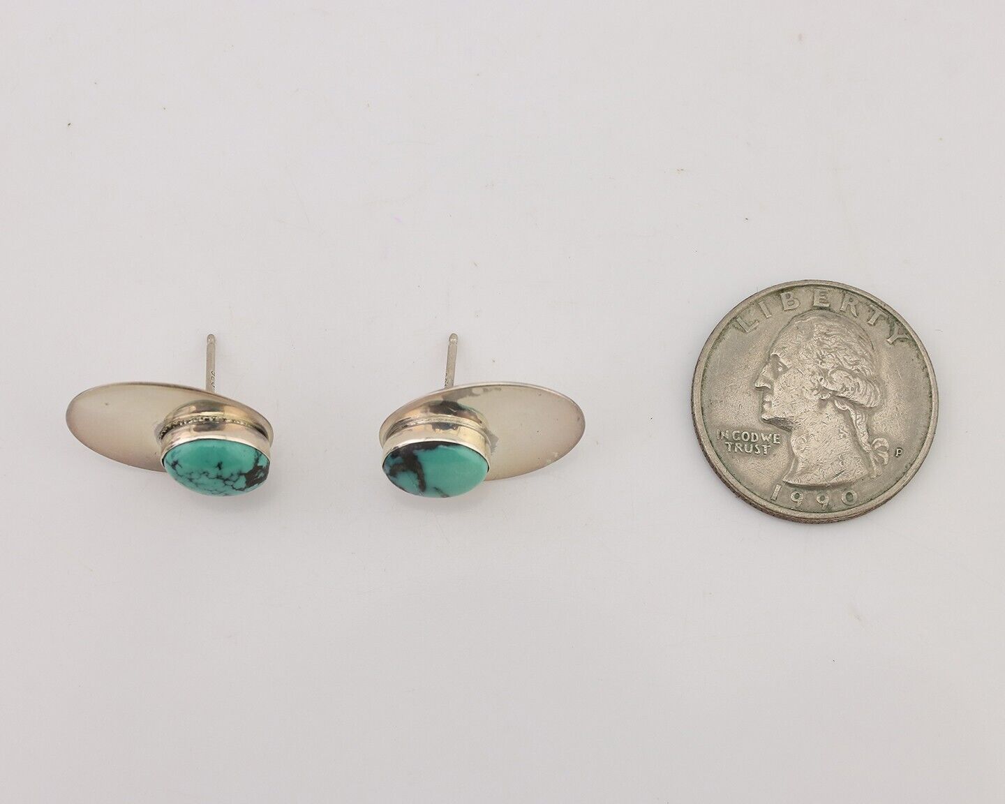Navajo Shield Earrings 925 Silver Natural Turquoise Signed Ella Peters C.80's