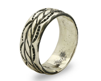 Navajo Ring .925 Silver Handmade Hand Stamped 3 Row Rope Band C.1980s Size 10.75