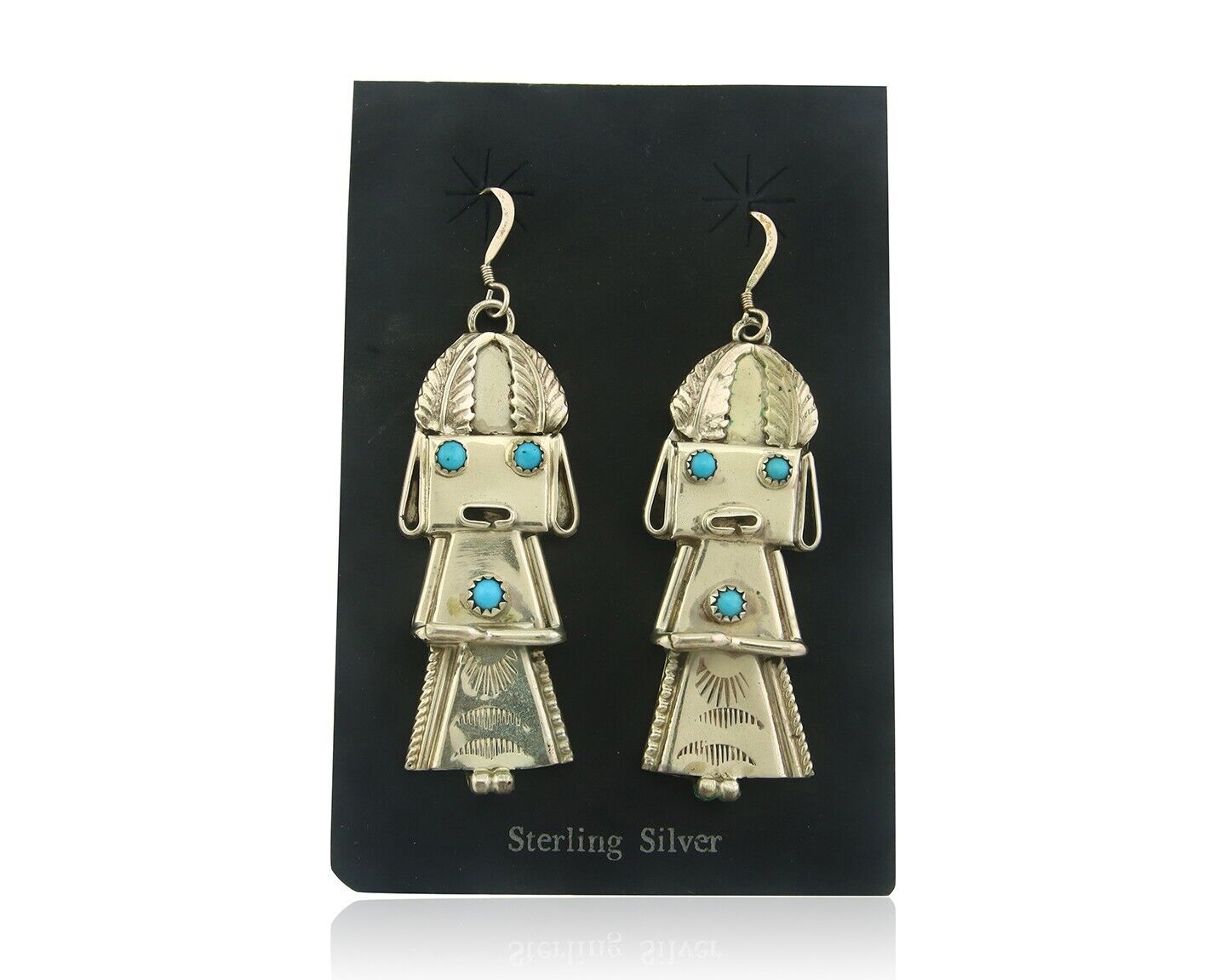 Navajo Earrings 925 Silver Kachina Natural Turquoise Signed Frank Yazzie C.80's