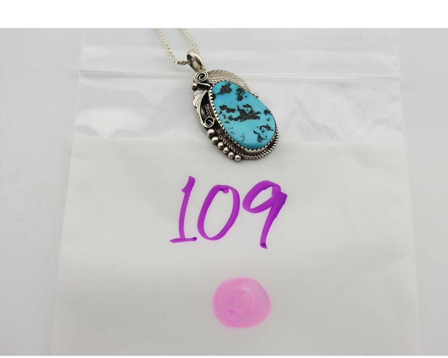 Navajo Necklace Pendant 925 Silver Blue Turquoise Signed Justin Morris C.80's