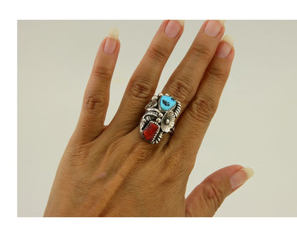 Navajo Handmade Ring 925 Silver Coral & Turquoise Signed Circle Max C.80's