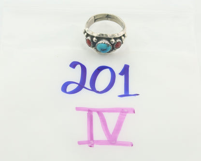 Navajo Ring 925 Sterling Natural Coral & Turquoise Signed SC C.80's Size 8.25