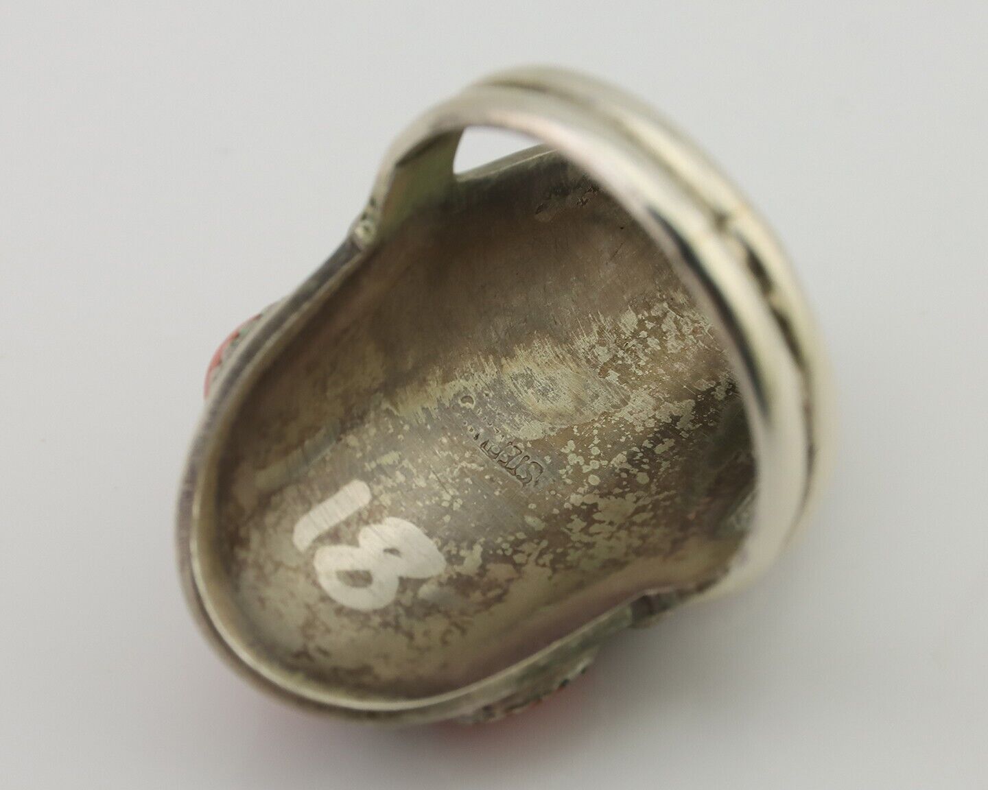 Navajo Ring 925 Silver Mediterranean Coral Native American Artist C.80's