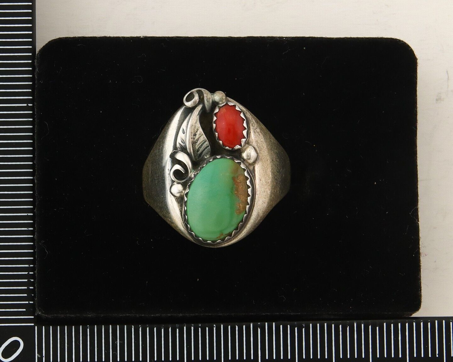 Navajo Ring 925 Sterling Turquoise & Coral Native Artist C.80's Size 8.5