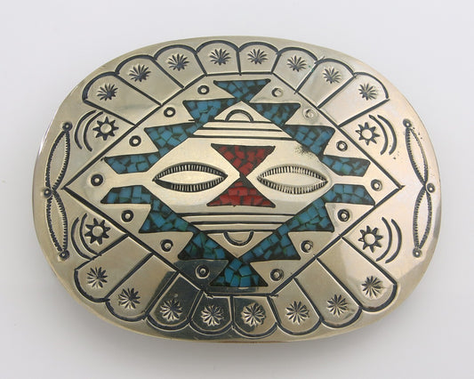 Navajo Belt Buckle .999 Nickel Buffalo Gemstone Signed Chee Keams 2.25x3.0 C.80s