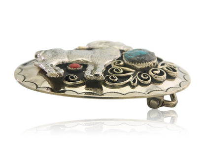 Navajo Belt Buckle .999 Nickel Buffalo Gemstone Signed 2.35 x 3.0 in C.80's