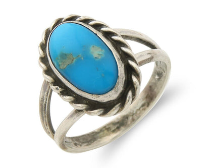 Navajo Ring 925 Sterling Natural Mined Turquoise Signed Arrow C.80's Size 7.0