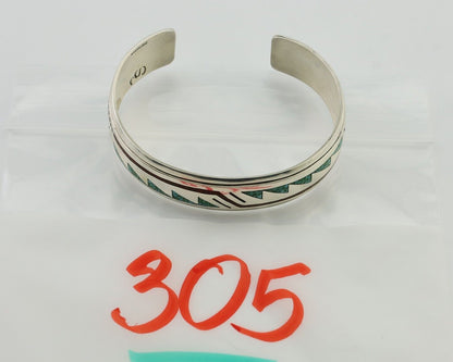 Navajo Inlay Bracelet 925 Silver Turquoise & Coral Signed Stanely Bain C.80's
