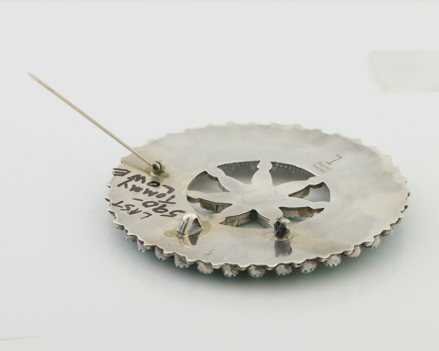 Navajo Pin Pendant 925 Silver Blue Turquoise Signed Tommy Lowe C.80's