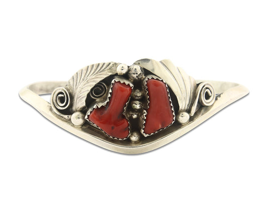 Vintage Navajo Bracelet 925 Silver Red Coral handmade Signed Justin Morris