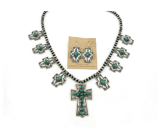 Navajo Cross Necklace Set Sterling Silver Turquoise Handmade Signed D Cadman