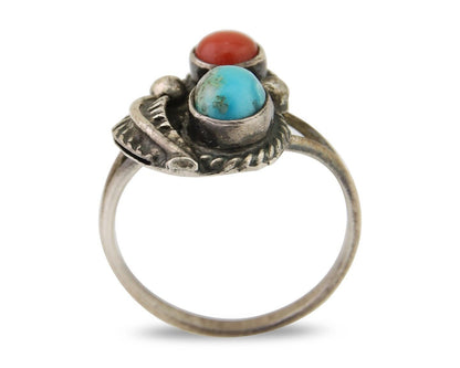 Navajo Handmade Ring 925 Silver Coral & Turquoise Native Artist C.80's