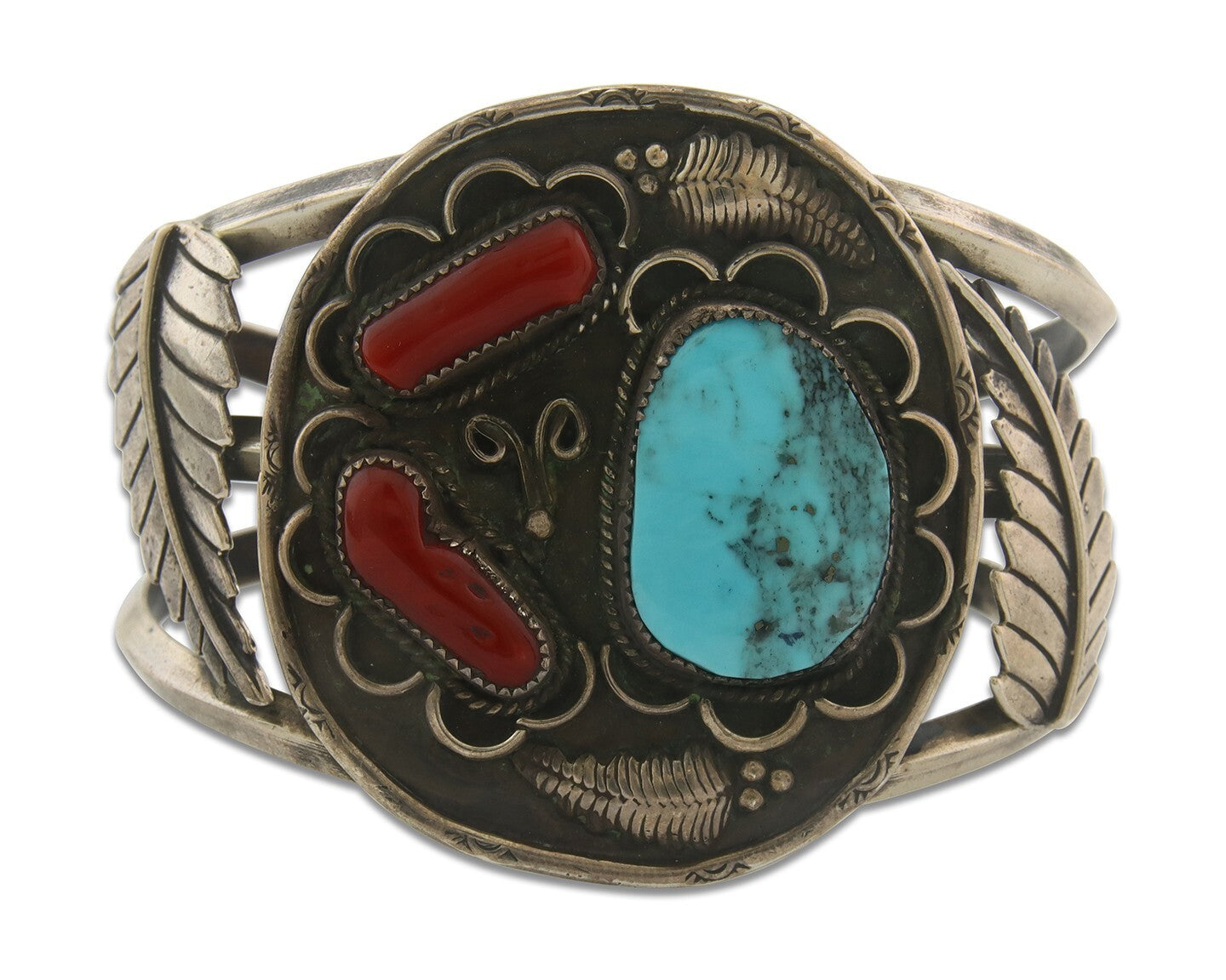 Men Navajo Bracelet 925 Silver Coral & Turquoise Native American Artist C.80's