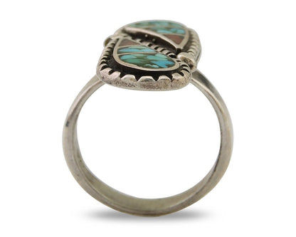 Navajo Ring 925 Silver Chip Inlay Turquoise & Coral Native Artist C.80's