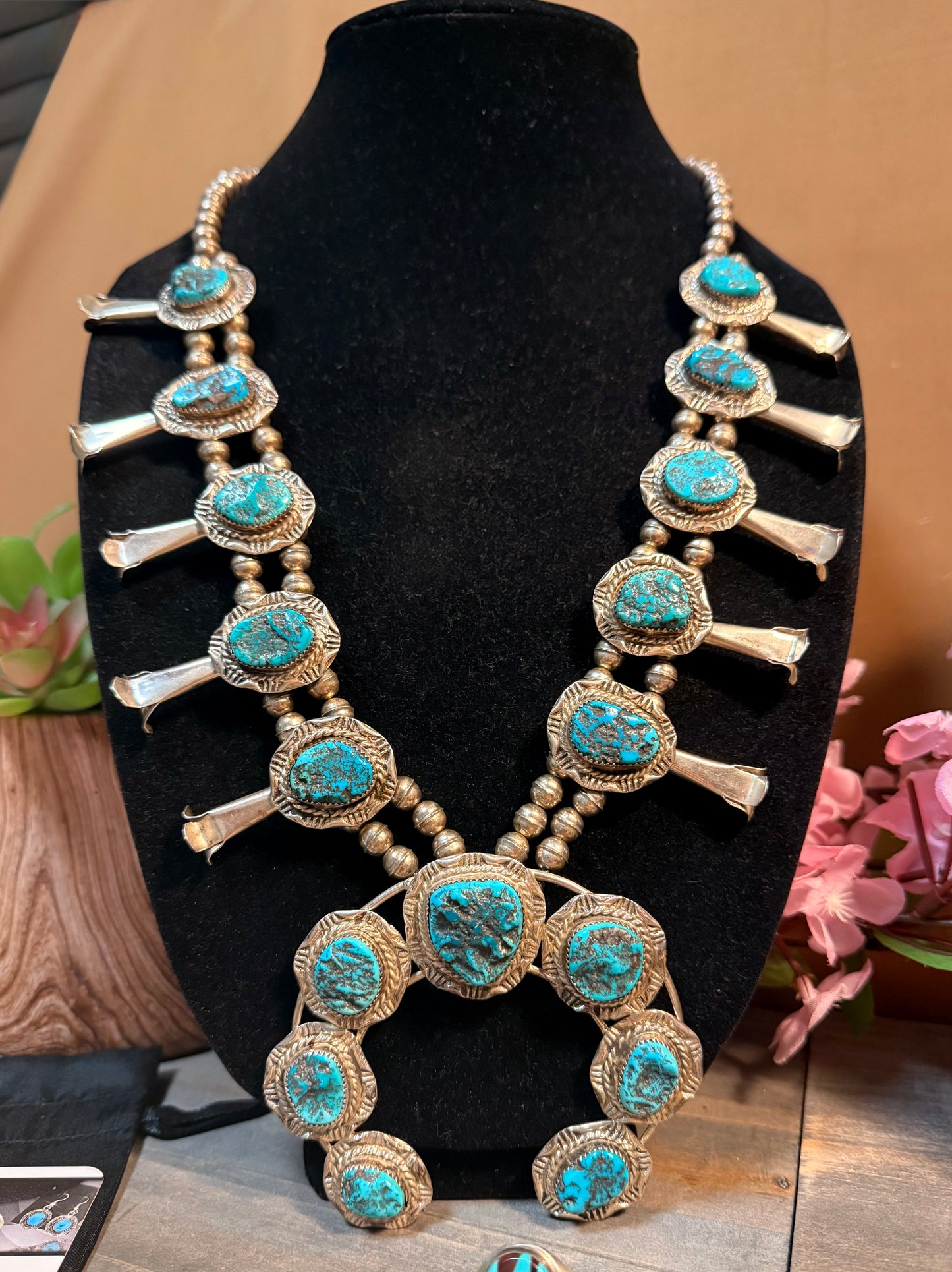 Navajo Sterling Silver Squash Necklace Authentic Nugget Turquoise Vintage Signed